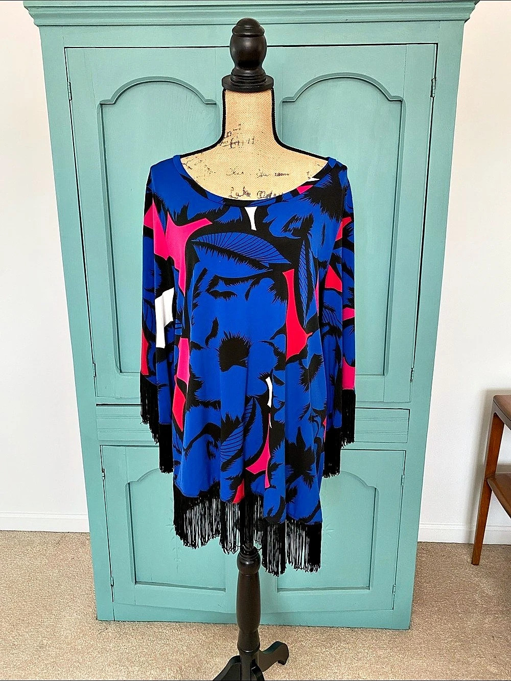 Carmen Marc Valvo Abstract Fringe Tunic in Blue & Pink XL NWT